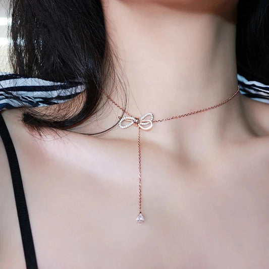 KOREAN BOW CRYSTAL DROP NECKLACE (stainless steel)