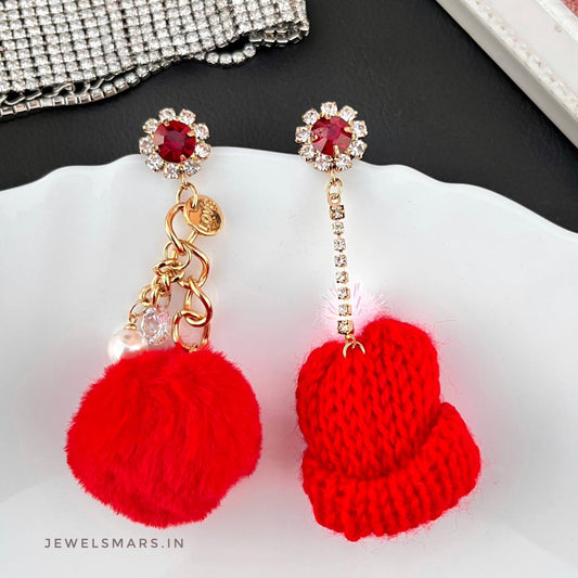 RED POMPOM BALL DROP EARRINGS