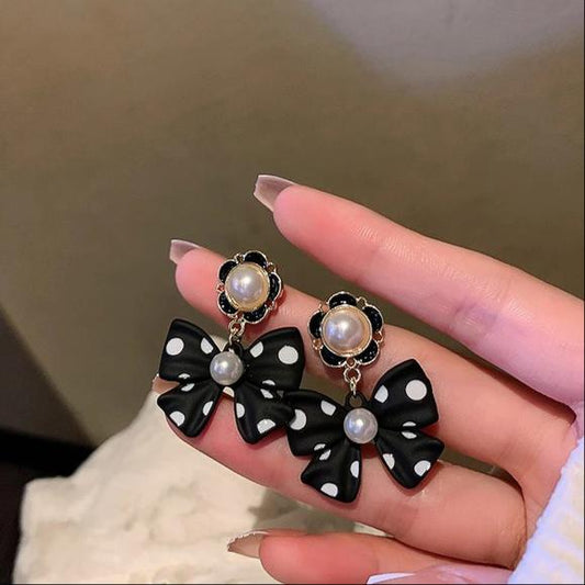 Korean Black & White Polka Dots Bow Drop Earrings
