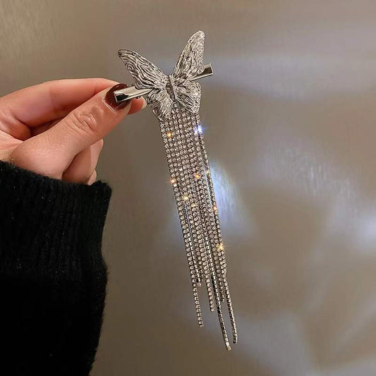 LUXURY BUTTERFLY RHINESTONE TASSEL DROP HAIRPIN