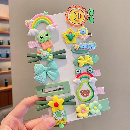 Pack of 14 cute hairclips - green