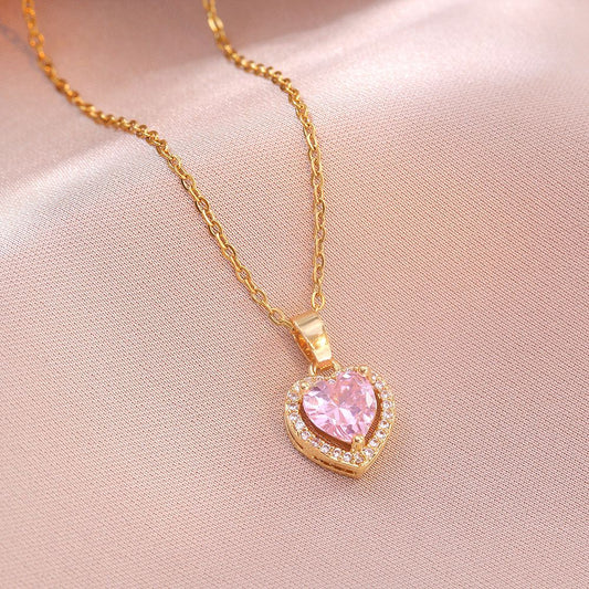 Heart Solitaire Necklace- pink