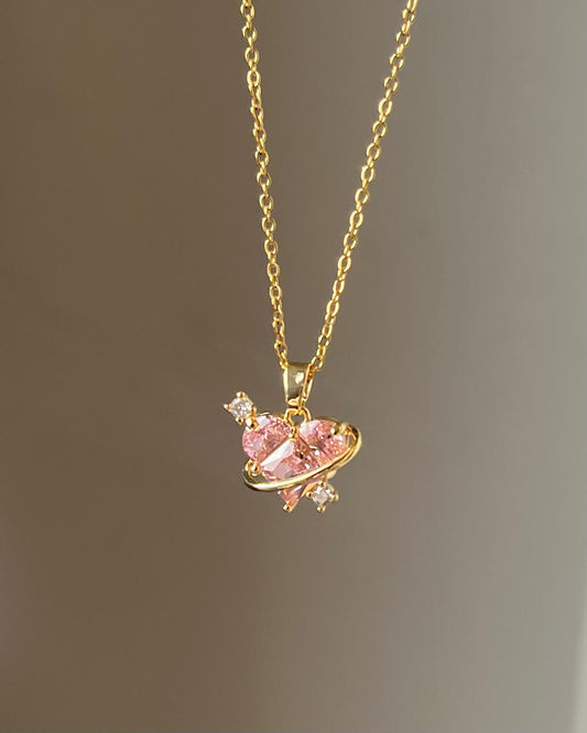 Heart Solitaire Ring Necklace- pink
