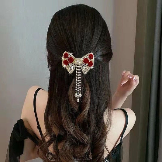 Bow & Roses Dangling Pearls Hair Clip