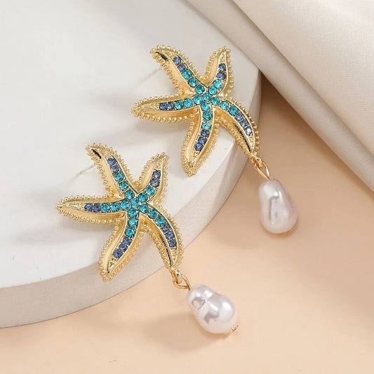 Sparkling Star Pearl Drop Earrings