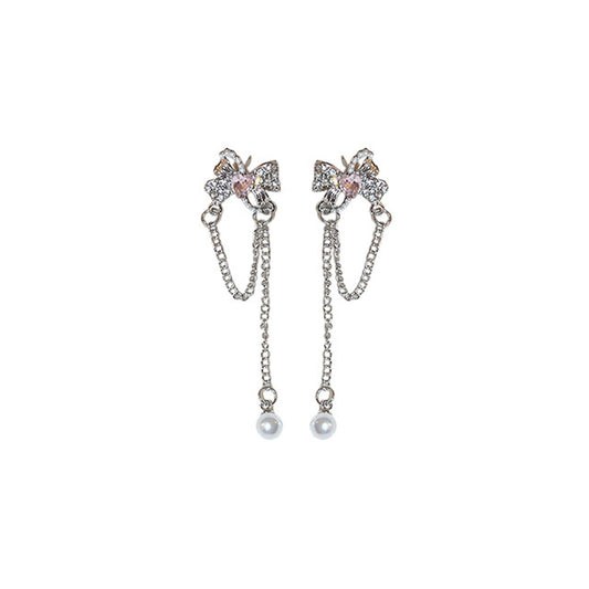 Bow with Heart Tassel Drop Earrings