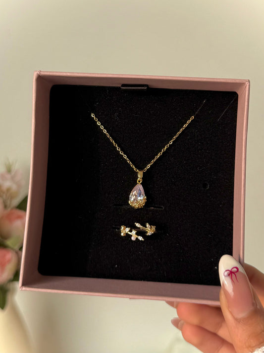 Floral Solitaire Necklace + Ring Gift Box