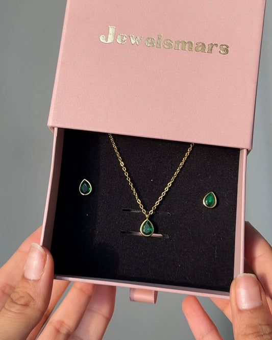 Drop Emerald Green Necklace with Earrings Gift Hamper