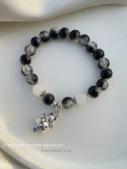 Black Beaded Bracelet- kitty cat