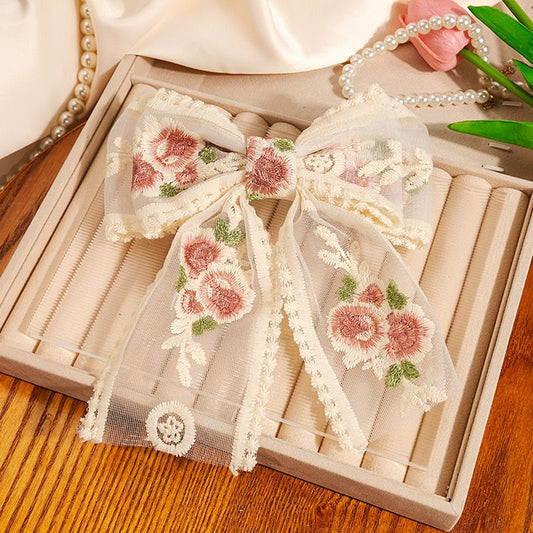 Floral Embroidered Hair Bow- pink