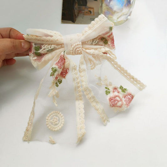 Floral Embroidered Hair Bow- pink