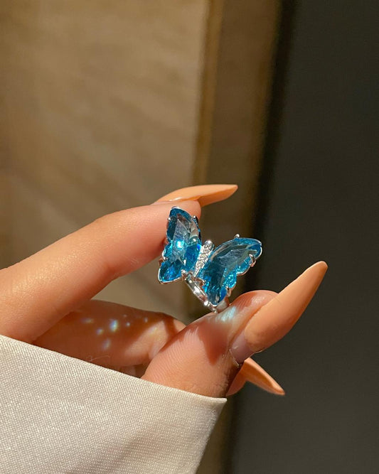 Crystal Butterfly Ring- teal blue