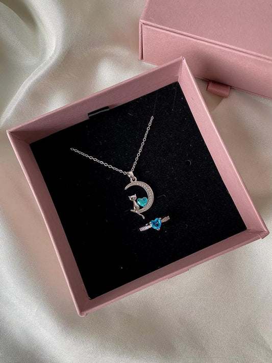 Meow Moon Necklace with heart ring