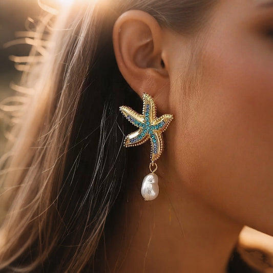 Sparkling Star Pearl Drop Earrings