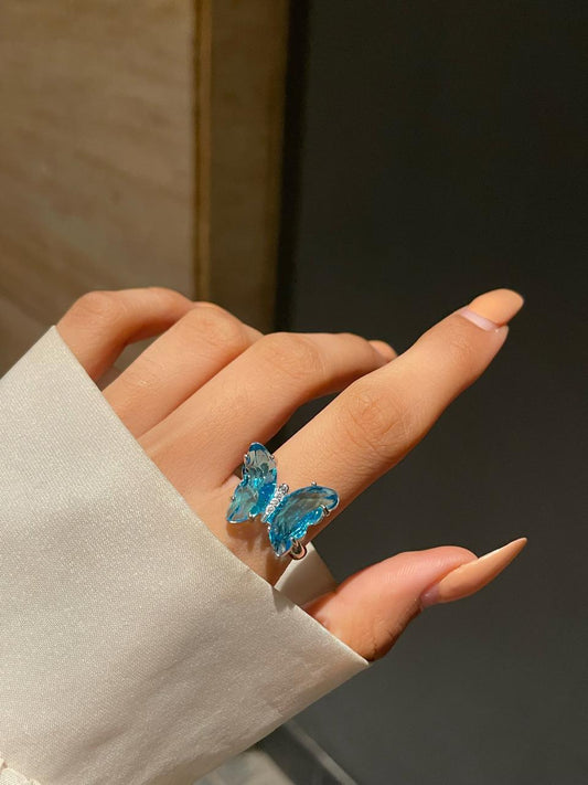 Crystal Butterfly Ring- teal blue