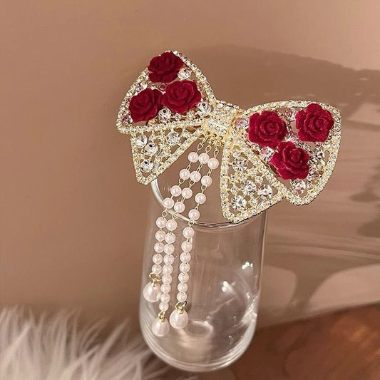 Bow & Roses Dangling Pearls Hair Clip